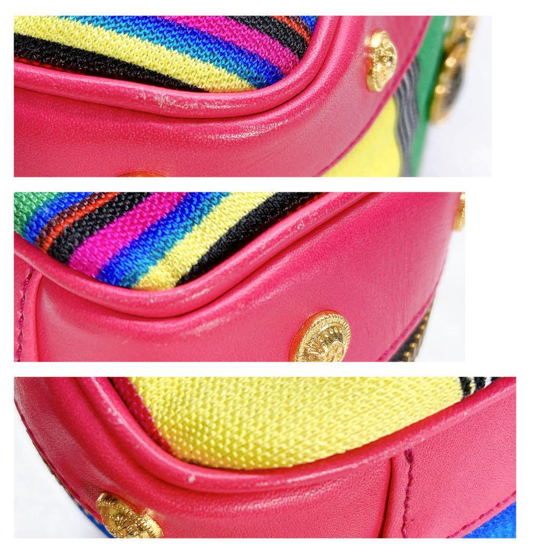 VERSACE Vanity Bag Hand Tote Purse 2way Canvas Stripe Leather Multicolor Auth