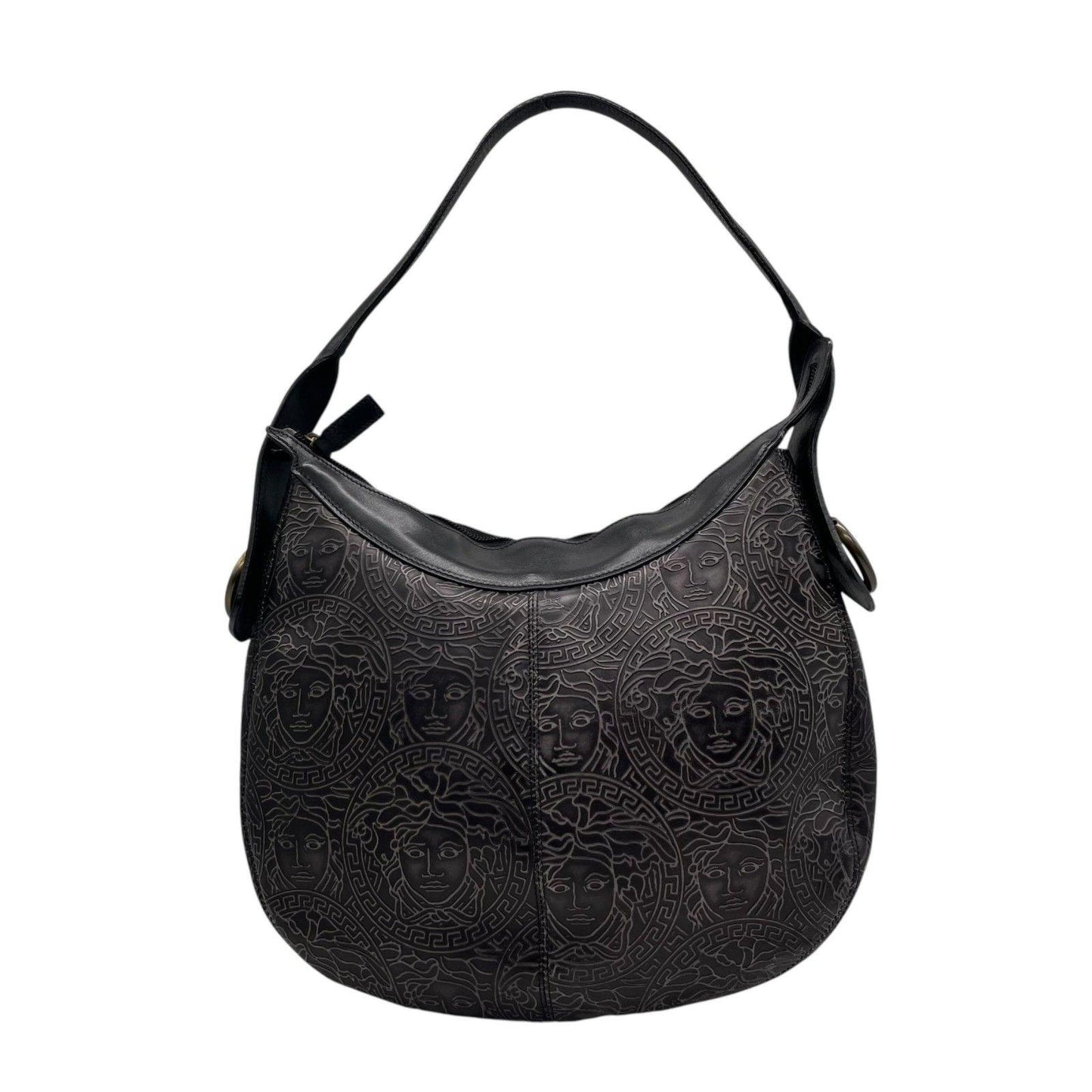 VERSACE Hand Shoulder Bag Tote Purse Medusa Leather Black Gray Authentic