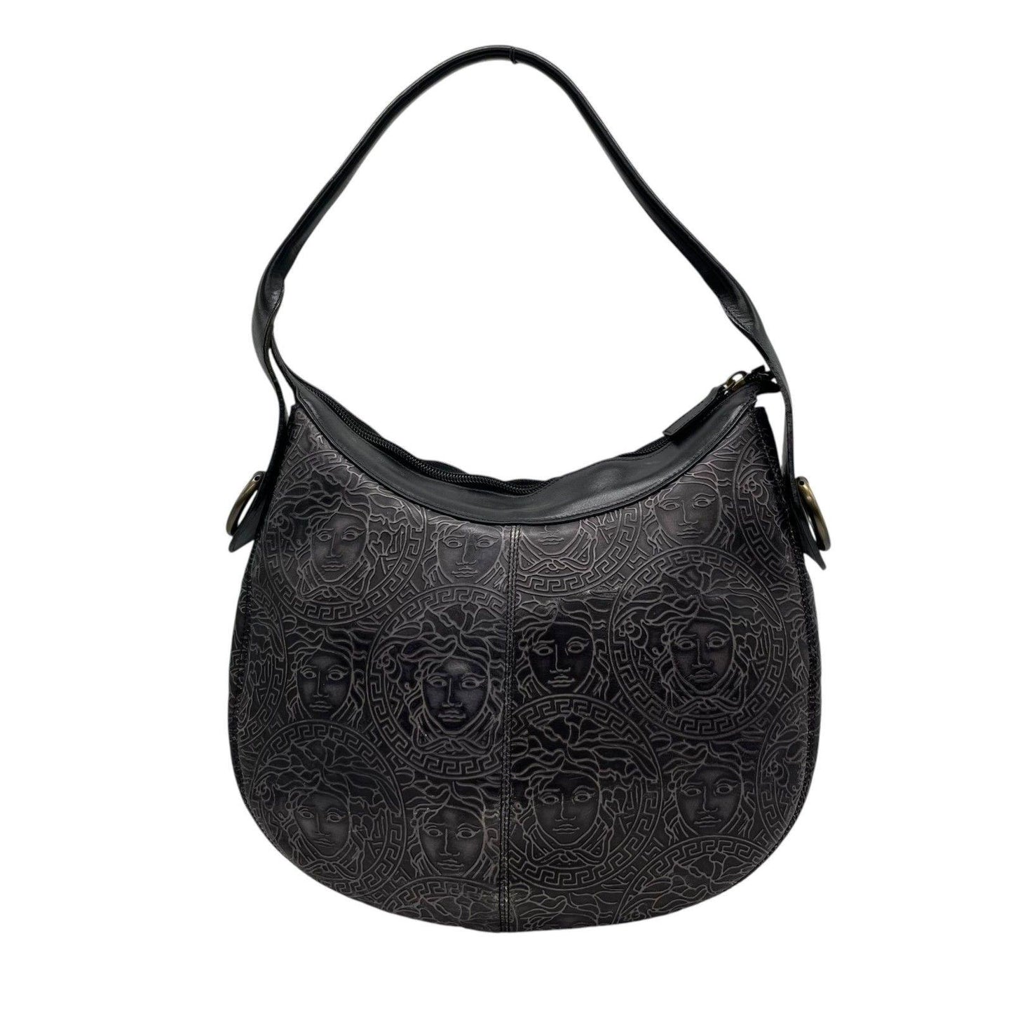 VERSACE Hand Shoulder Bag Tote Purse Medusa Leather Black Gray Authentic