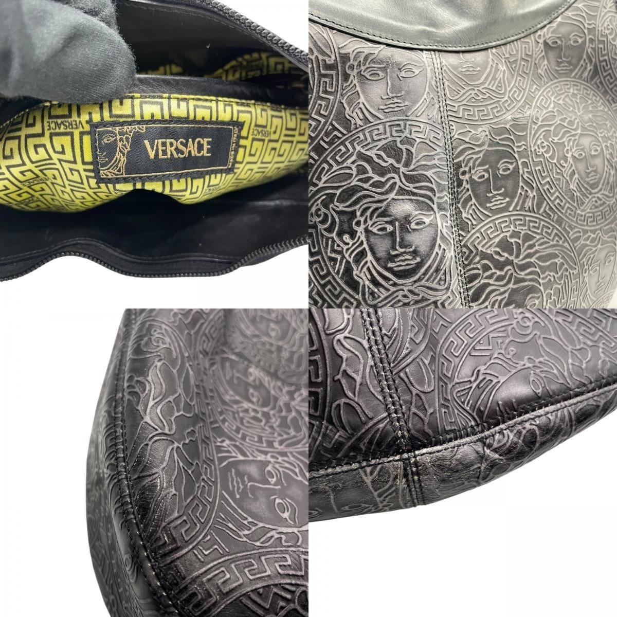 VERSACE Hand Shoulder Bag Tote Purse Medusa Leather Black Gray Authentic