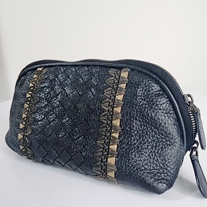 BOTTEGA VENETA Accessory Pouch Hand Pouch Intrecciato Leather Black Authentic