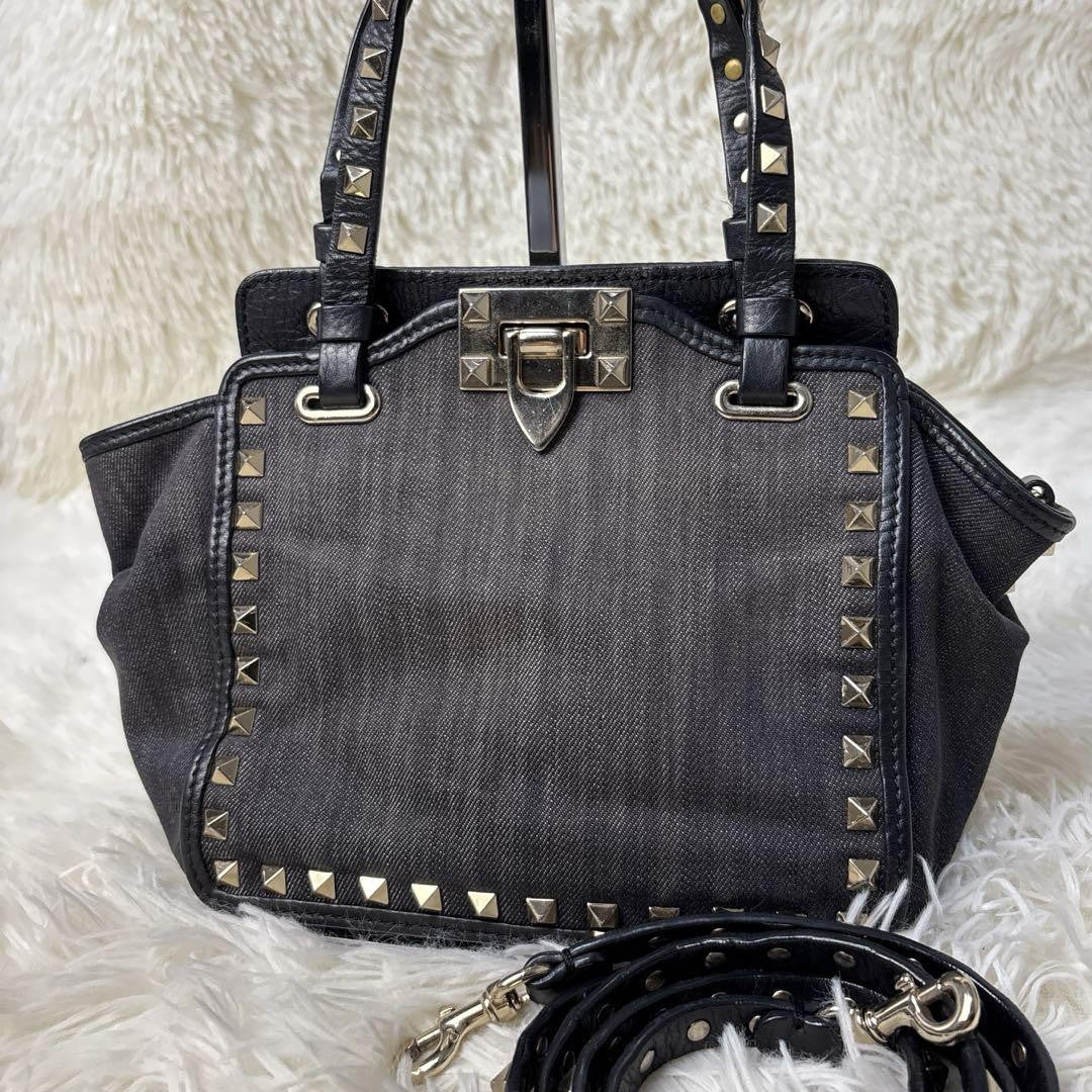 Valentino Garavani Hand Bag Tote Purse 2way studs Denim Authentic
