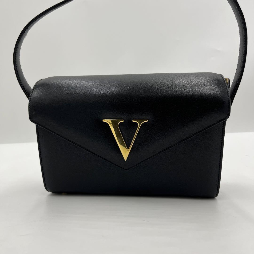 Valentino Hand Bag Tote Purse V Logo Leather Black Authentic