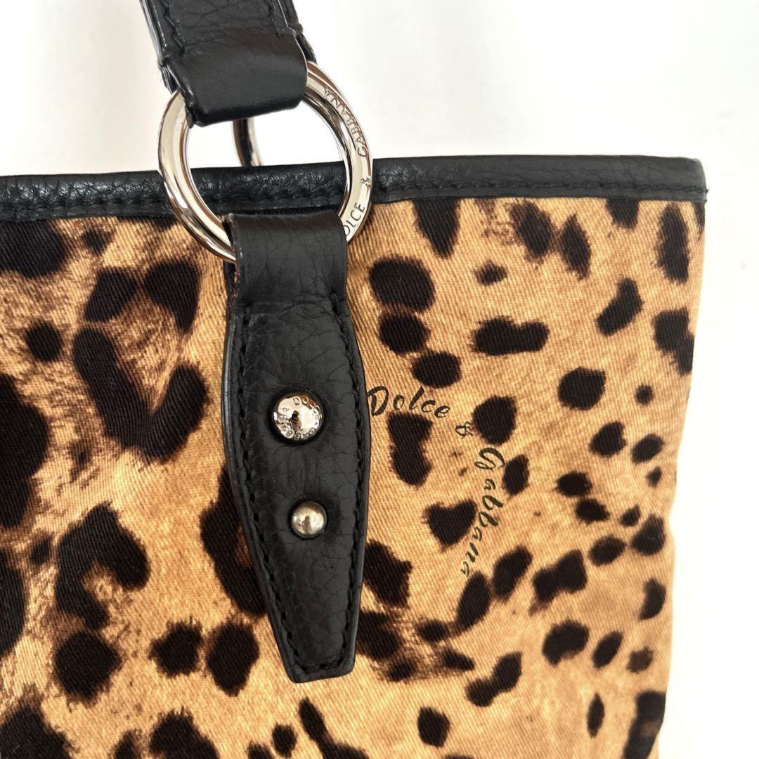 Dolce & Gabbana Hand Bag Tote Purse Leopard Leather Fabric Beige Black Authentic