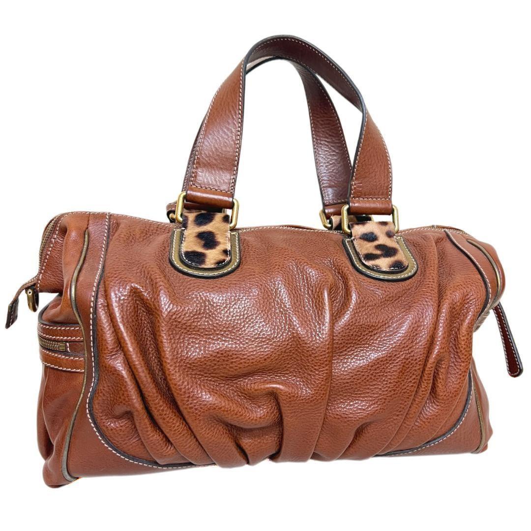 Dolce & Gabbana Boston Bag Hand Tote Purse 2way Leopard Leather Brown Authentic