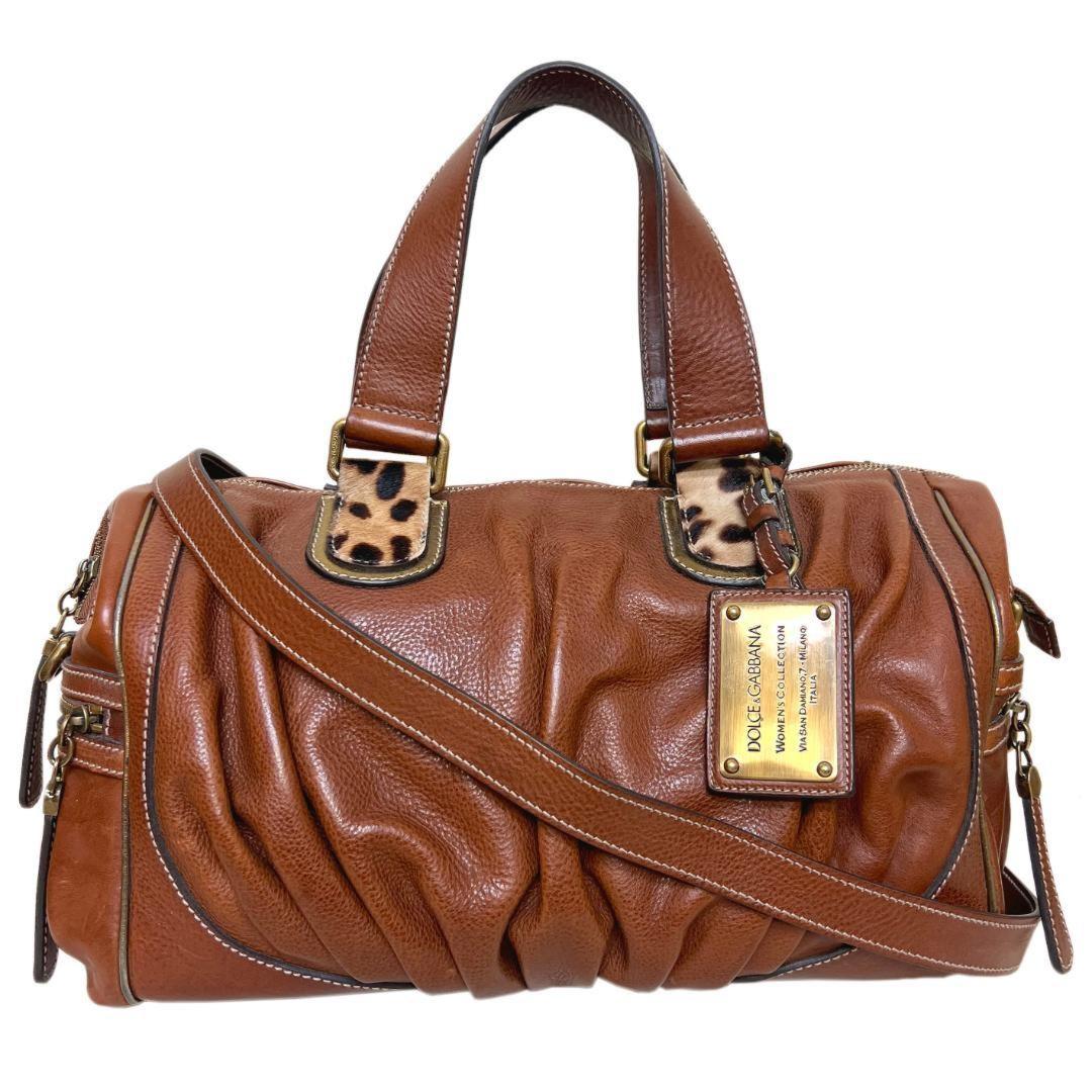 Dolce & Gabbana Boston Bag Hand Tote Purse 2way Leopard Leather Brown Authentic