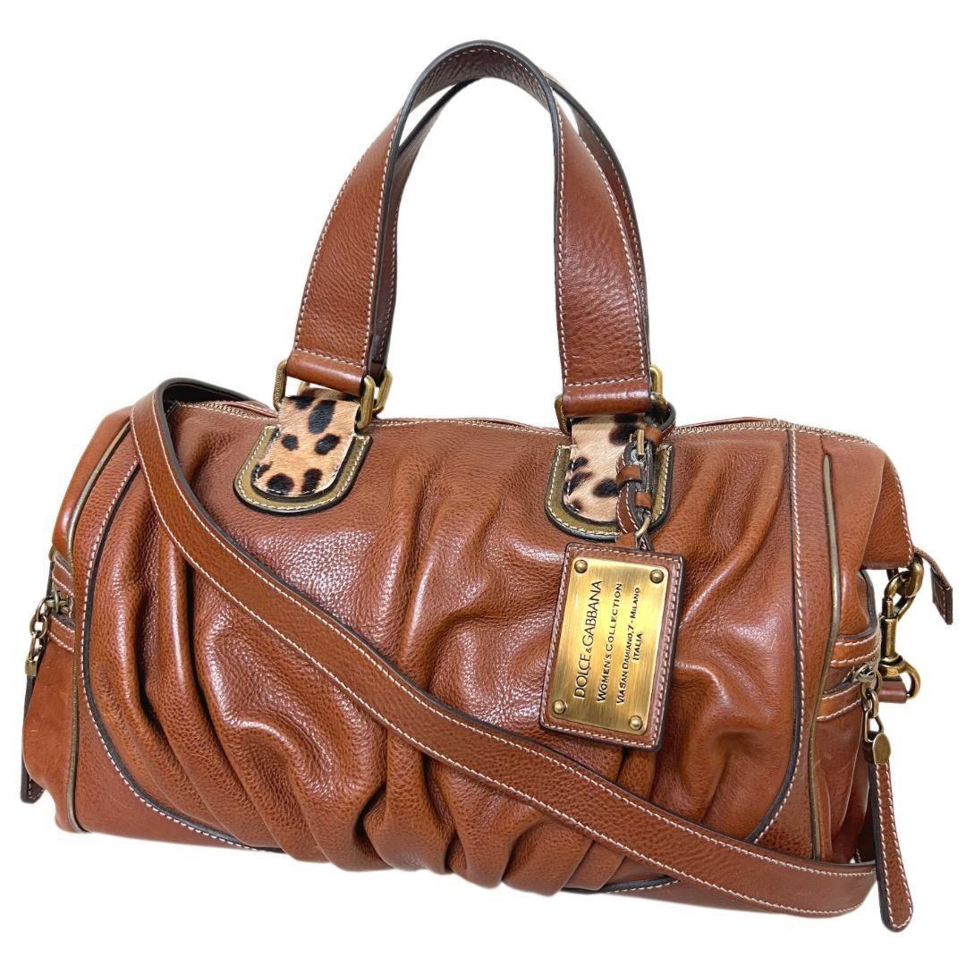 Dolce & Gabbana Boston Bag Hand Tote Purse 2way Leopard Leather Brown Authentic