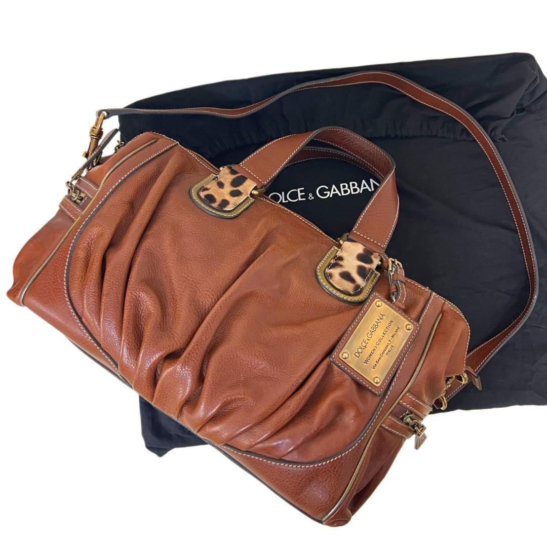 Dolce & Gabbana Boston Bag Hand Tote Purse 2way Leopard Leather Brown Authentic