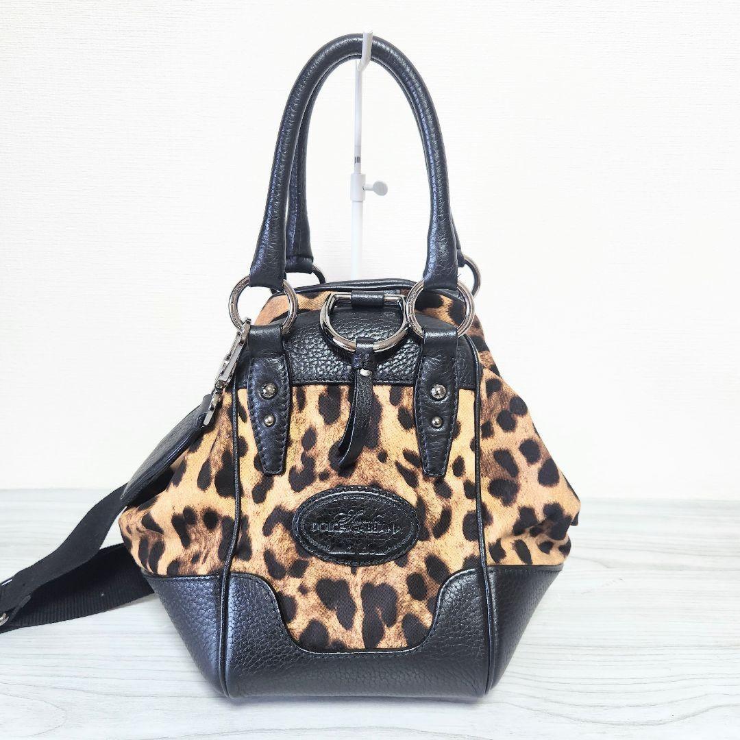 Dolce & Gabbana Shoulder Bag Purse Leopard Leather Canvas Brown Black Authentic
