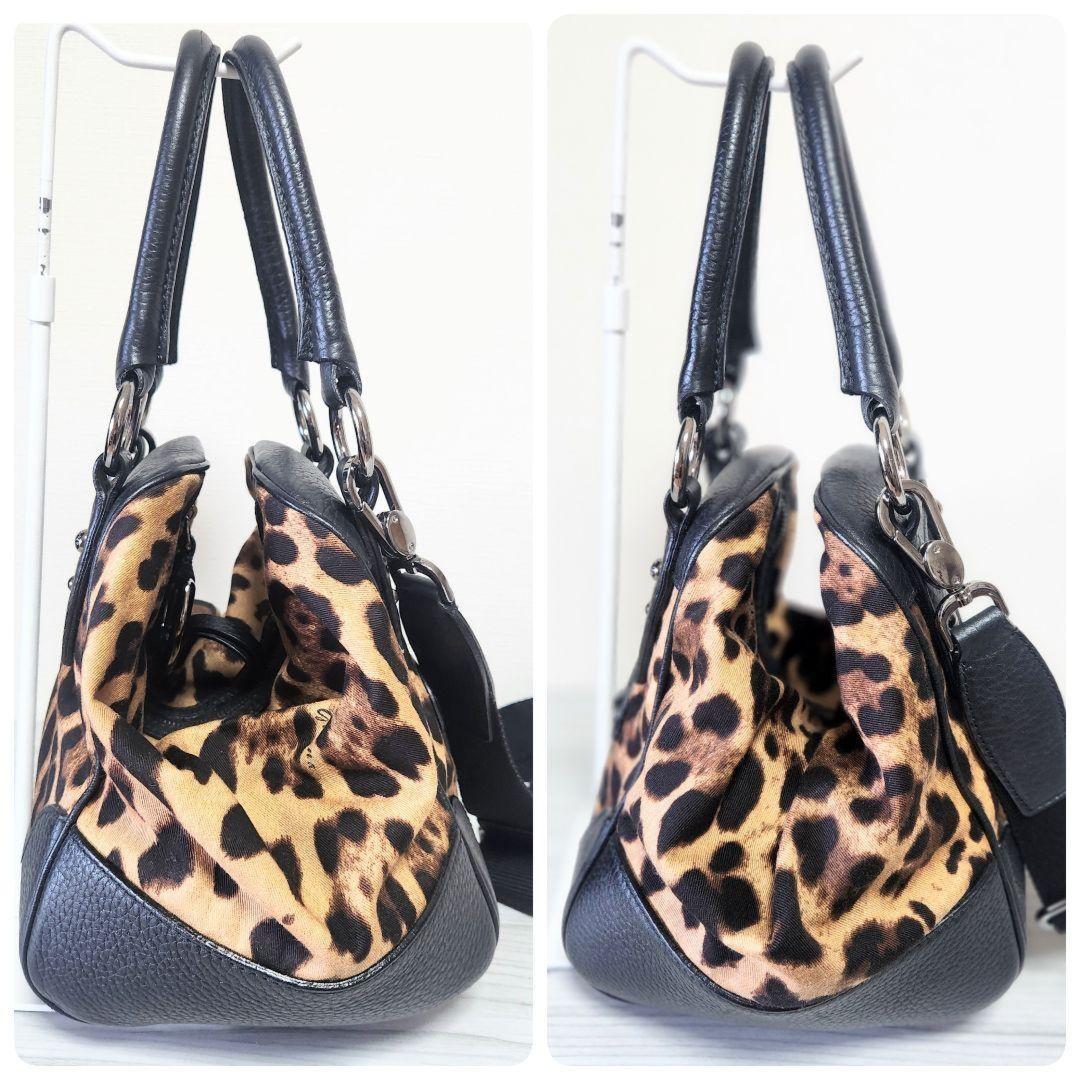 Dolce & Gabbana Shoulder Bag Purse Leopard Leather Canvas Brown Black Authentic