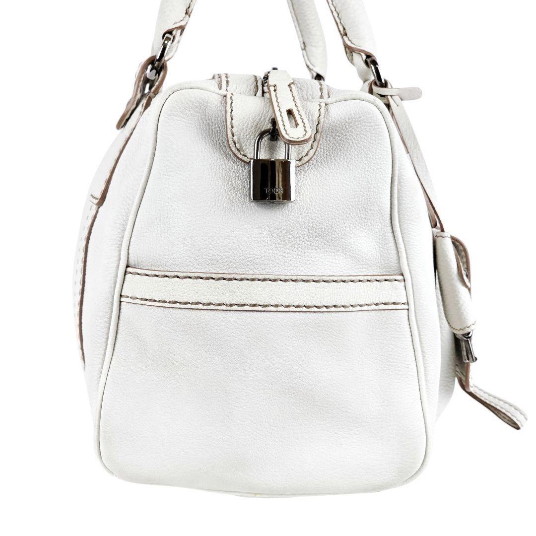 TOD'S Hand Bag Tote Purse Boston Bag Logo Leather White Authentic