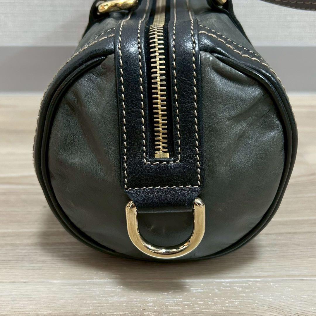GUCCI Hand Bag Tote Purse Ribbon Leather Dark Green Black Authentic