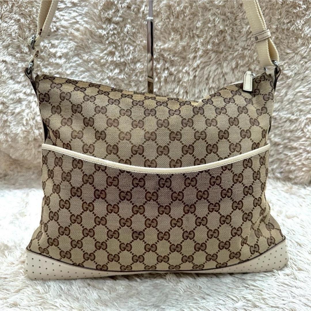 GUCCI Shoulder Bag Purse GG Canvas Leather Beige White Authentic
