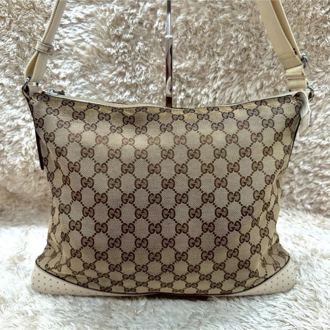 GUCCI Shoulder Bag Purse GG Canvas Leather Beige White Authentic