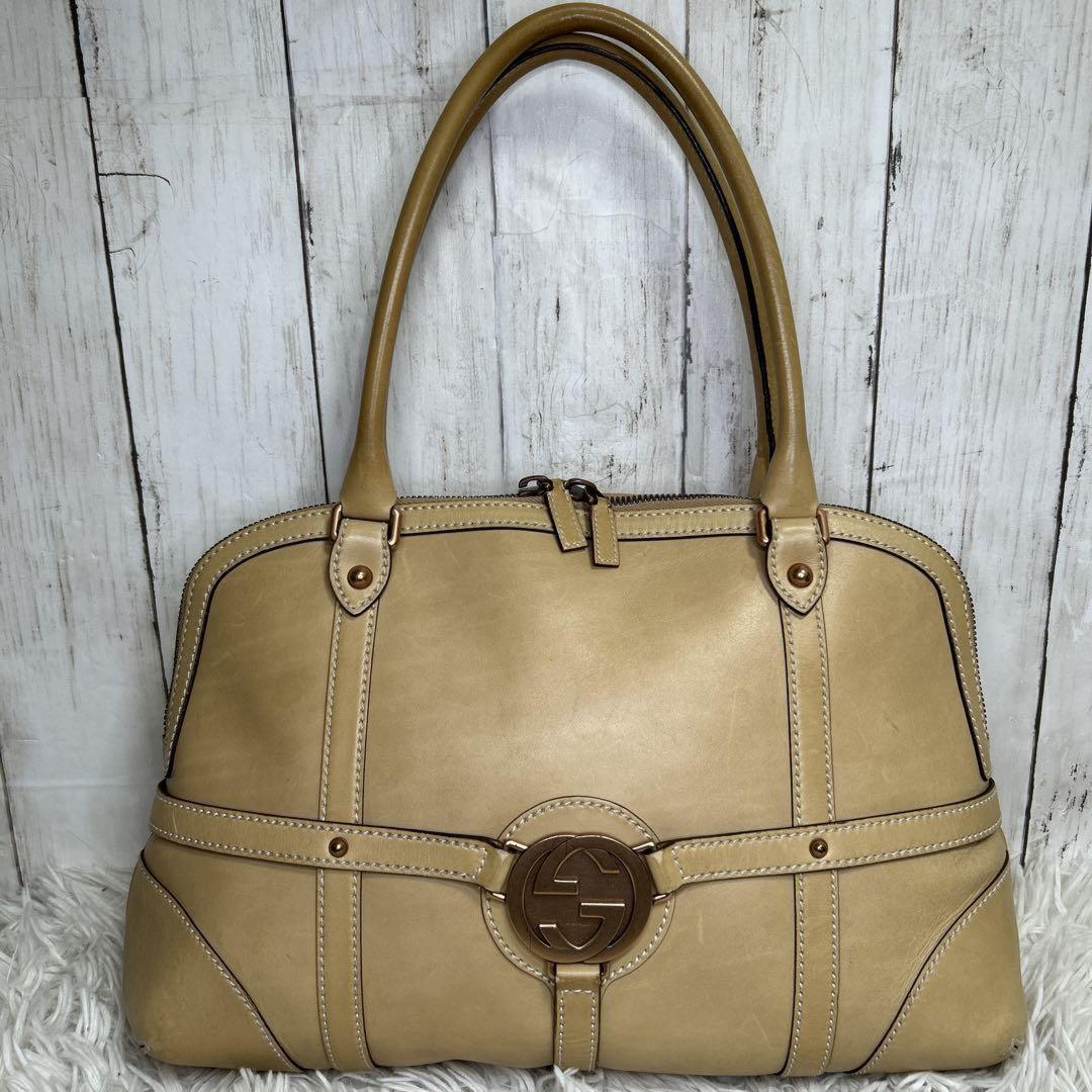GUCCI Hand Bag Tote Purse Boston Bag Interlocking Leather Brown Authentic