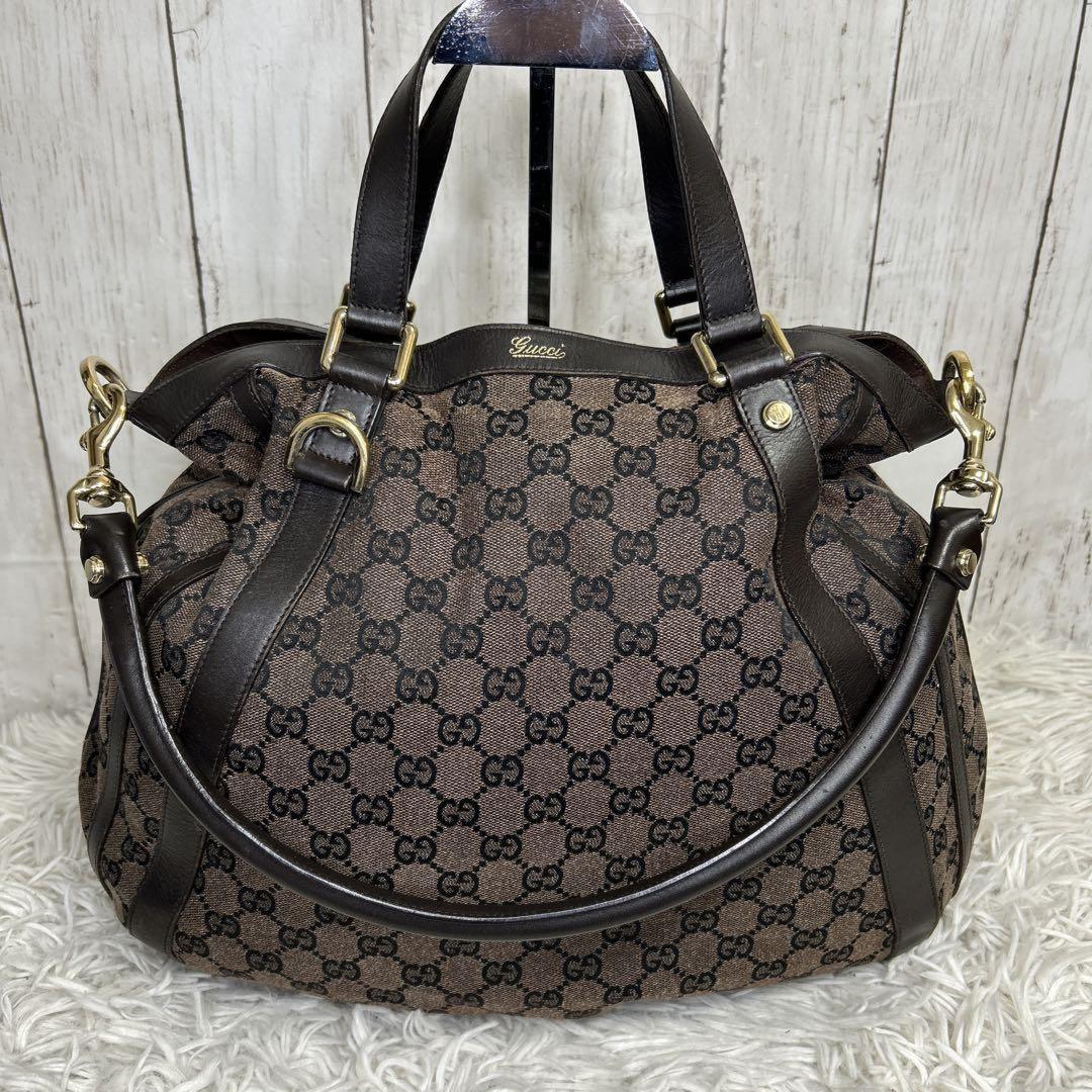 GUCCI Hand Shoulder Bag Tote Purse GG Supreme Leather Brown Authentic