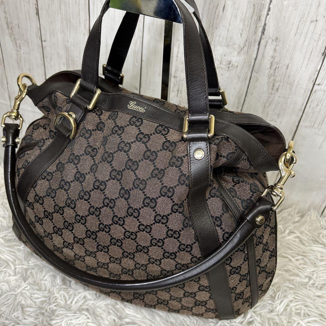 GUCCI Hand Shoulder Bag Tote Purse GG Supreme Leather Brown Authentic