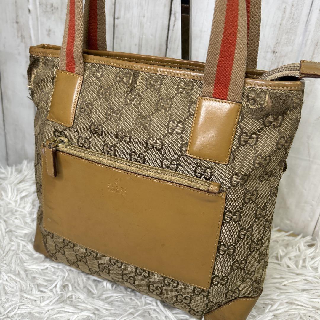GUCCI Hand Bag Tote Purse GG Canvas Leather Brown Authentic