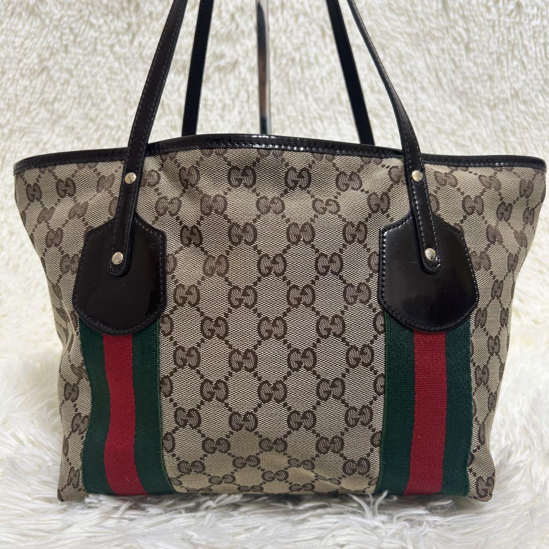 GUCCI Hand Bag Tote Purse Sherry Line GG Canvas Beige Brown Authentic