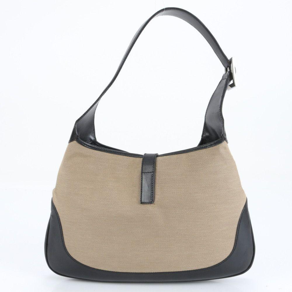 GUCCI Hand Shoulder Bag Tote Purse Canvas Leather Black Beige Authentic