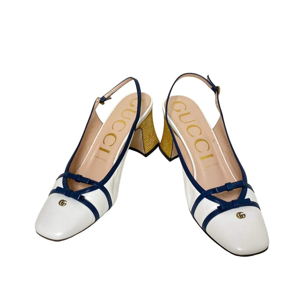 GUCCI Sandals Shoes Double G Ribbon EU 38 US 8 Leather White Navy Authentic