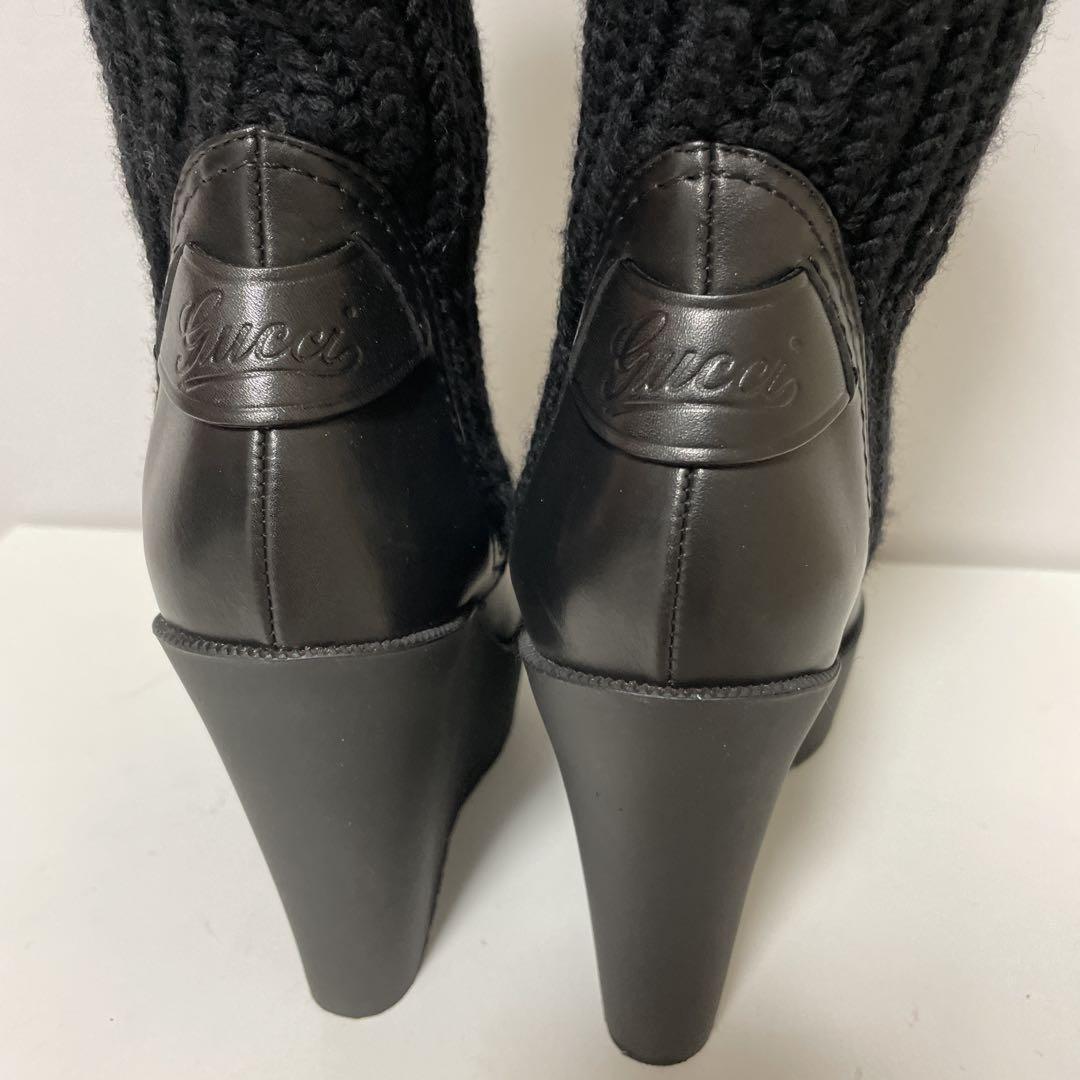 GUCCI Knit Boots Shoes EU 37.5 US 7.5 Leather Black Authentic