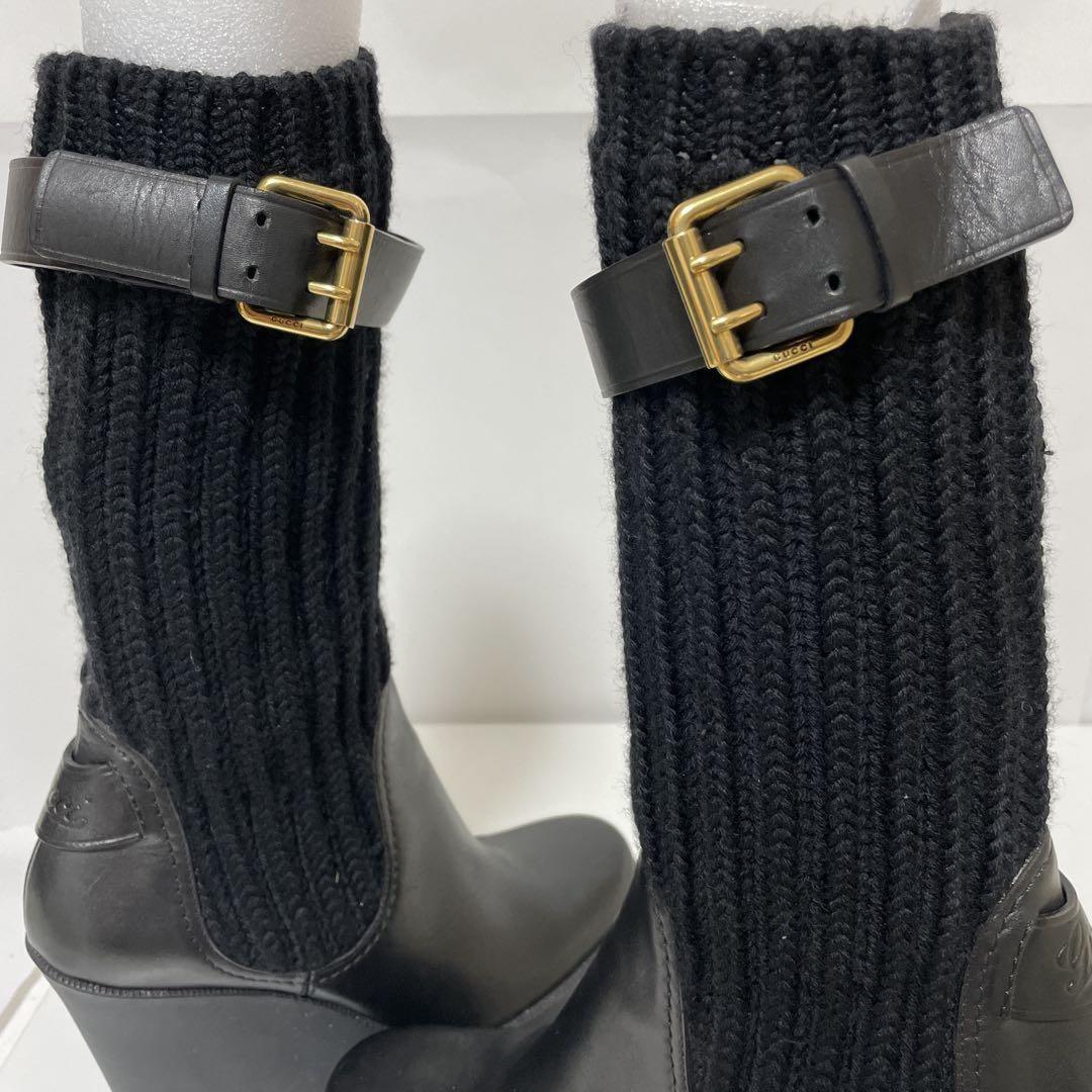 GUCCI Knit Boots Shoes EU 37.5 US 7.5 Leather Black Authentic