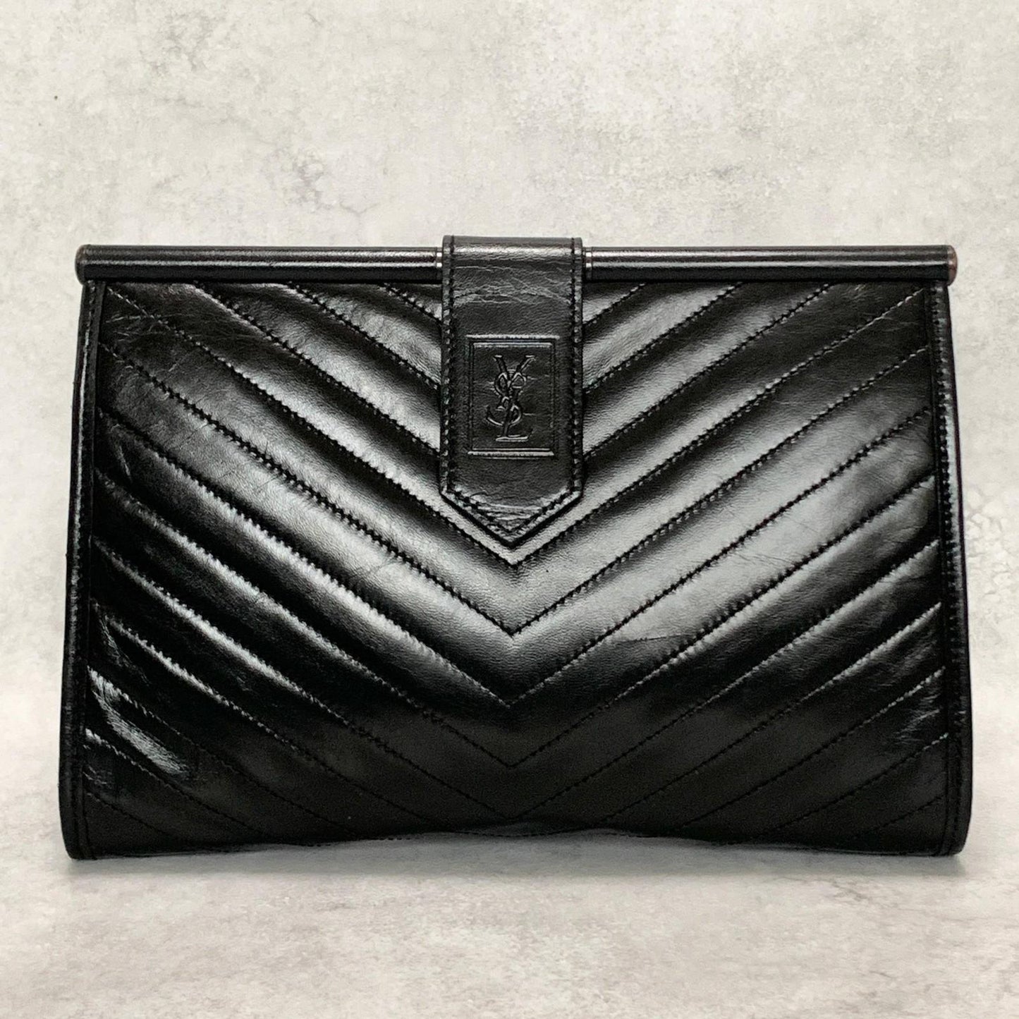 Yves Saint Laurent Clutch Bag YSL Logo Cassandra Purse Handbag Leather Black