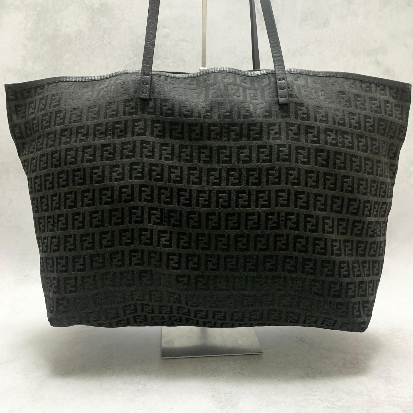 FENDI Bag FF Zucchino With Pouch Hand Tote Purse Canvas Black Used Authentic
