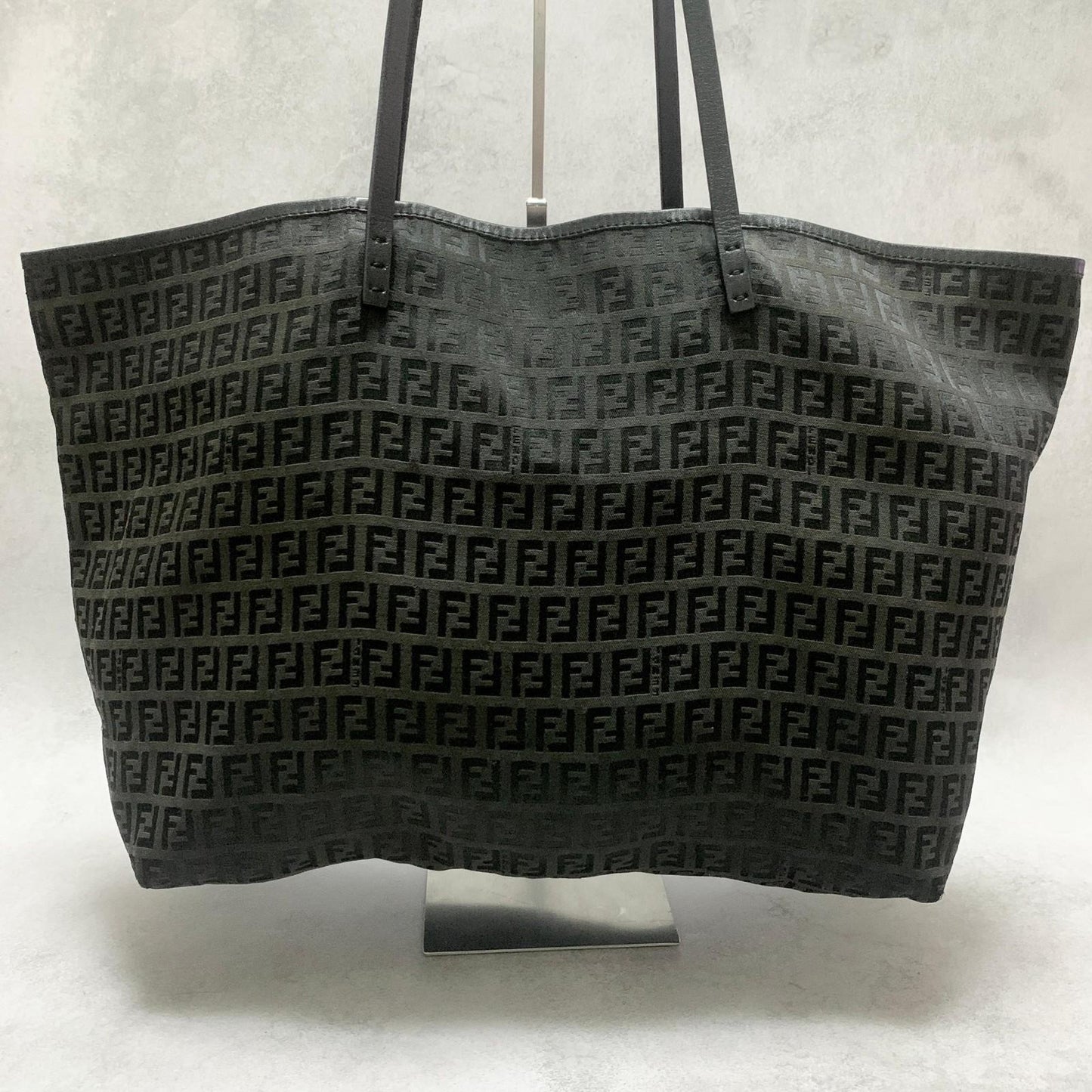 FENDI Bag FF Zucchino With Pouch Hand Tote Purse Canvas Black Used Authentic