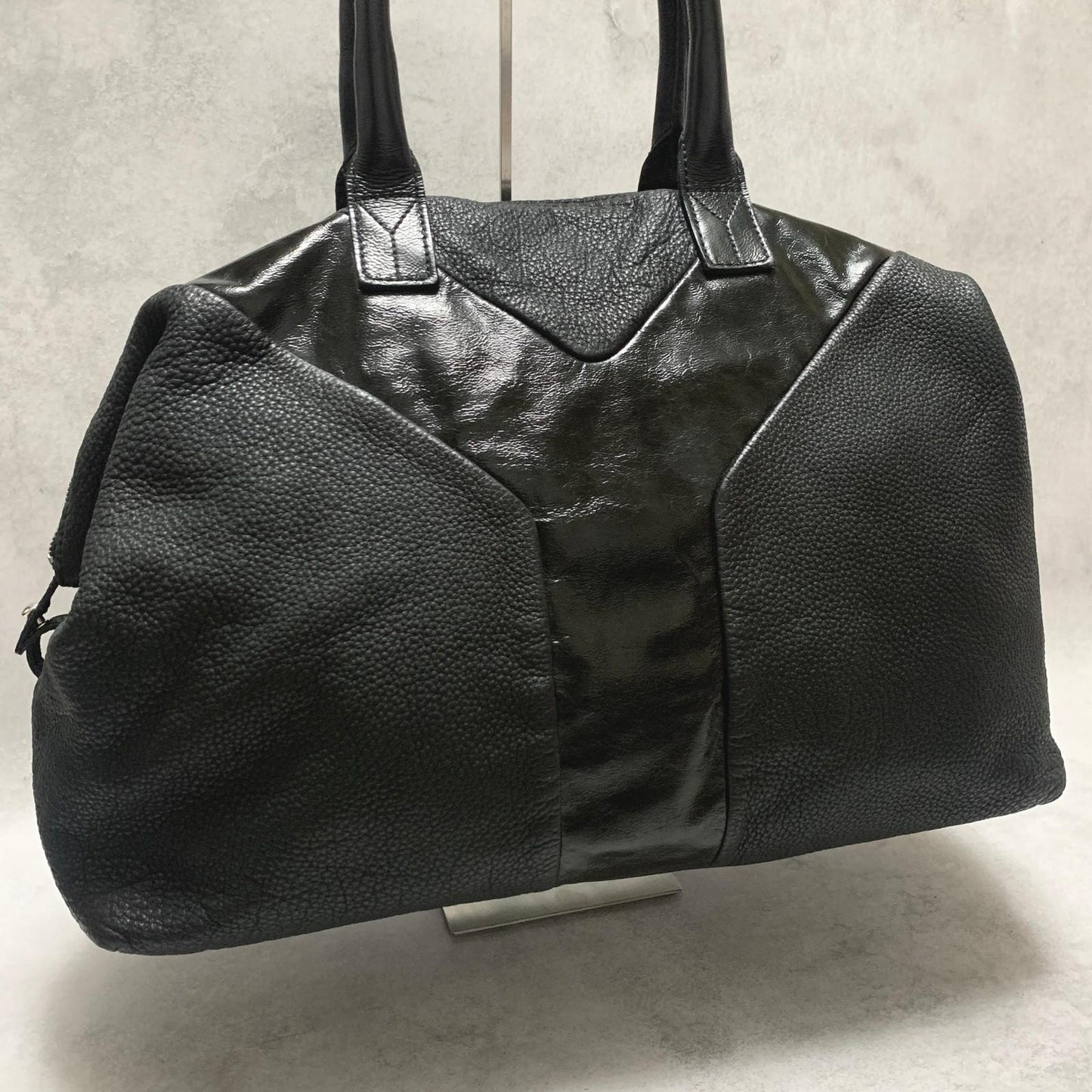 Saint Laurent Bag Easy YSL Boston Hand Tote Purse Leather Black Silver Authentic