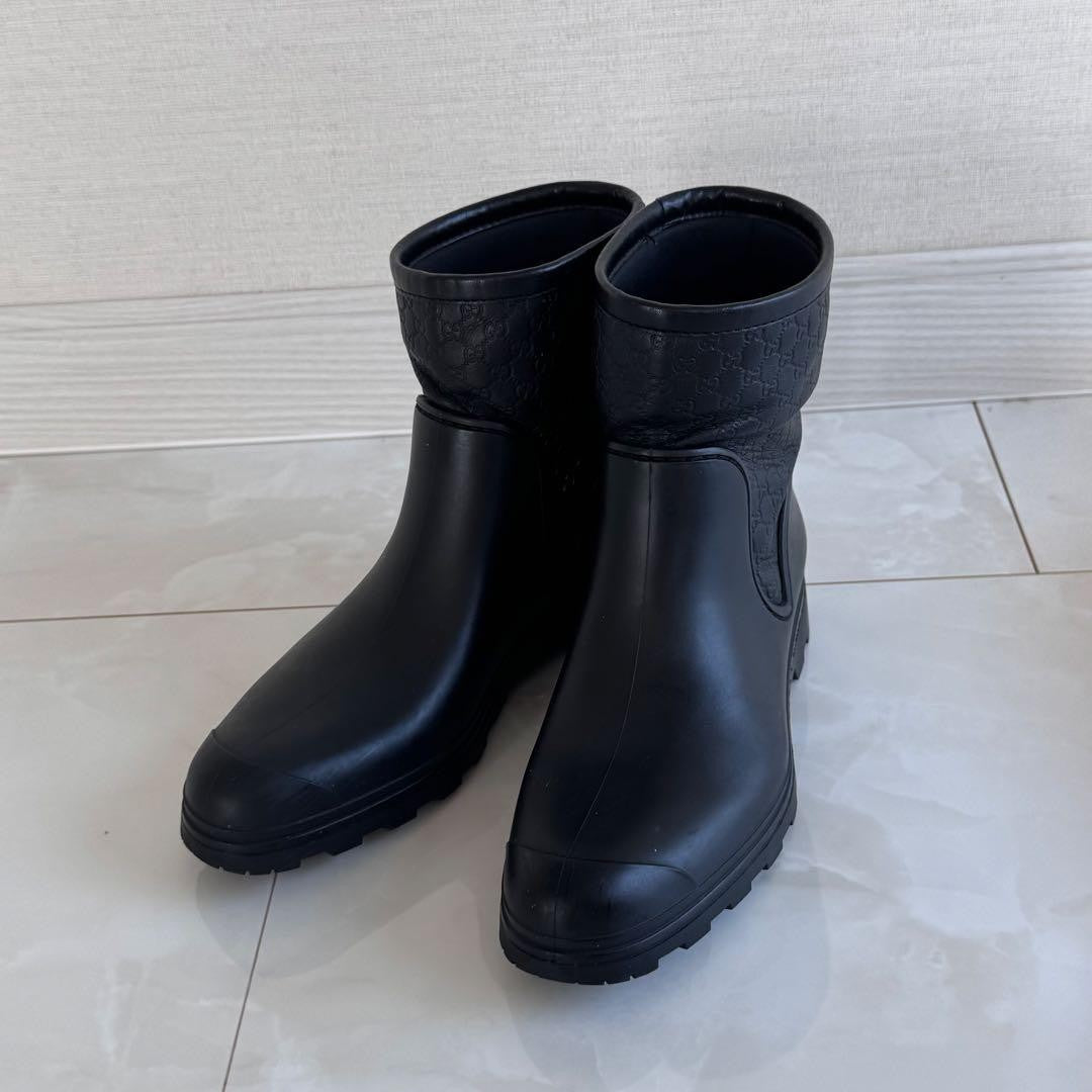 GUCCI Short Rain Boots Shoes GG EU 36.5 US 6.5 Black Authentic