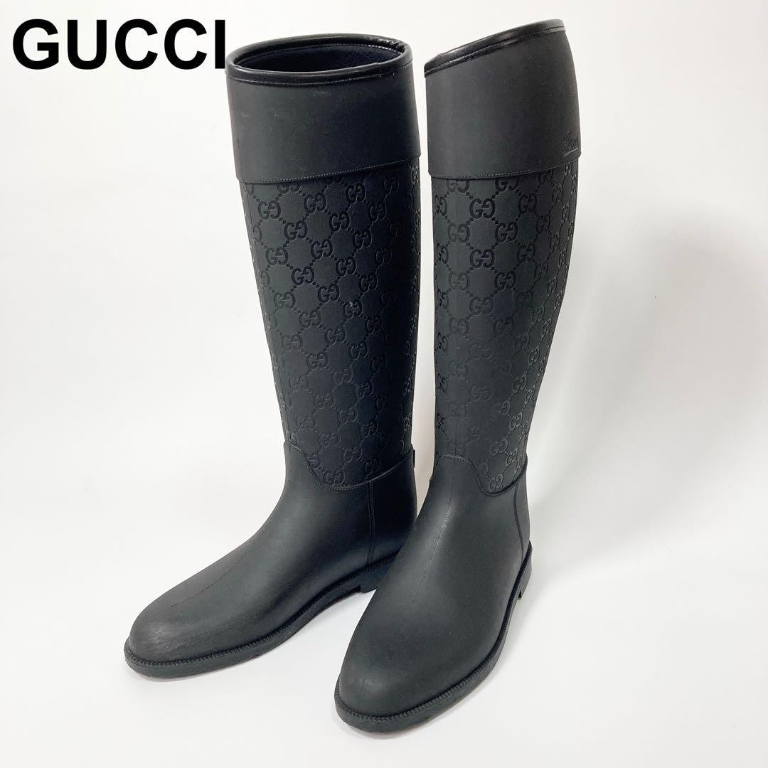 GUCCI Long Rain Boots Shoes GG EU 36 US 6 Black Authentic