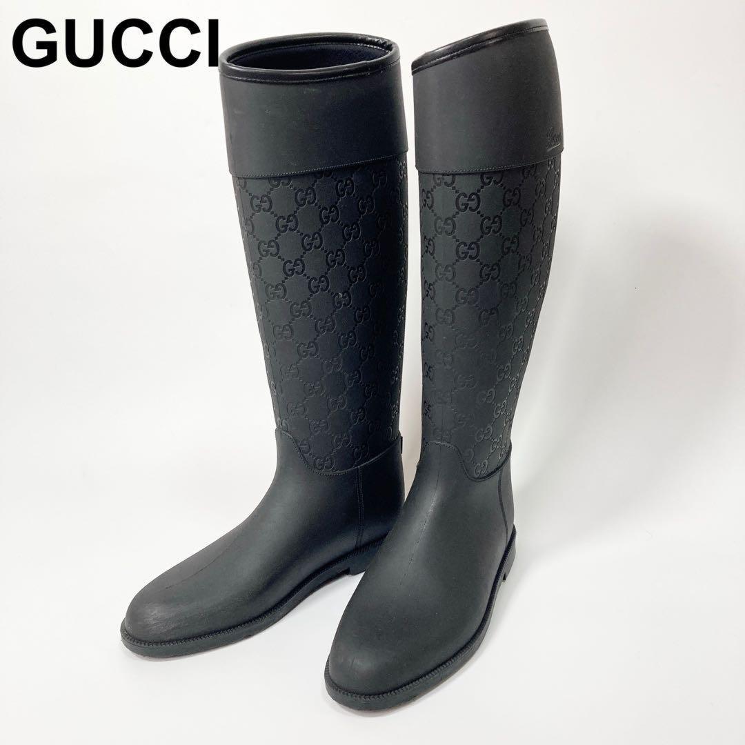 GUCCI Long Rain Boots Shoes GG EU 36 US 6 Black Authentic