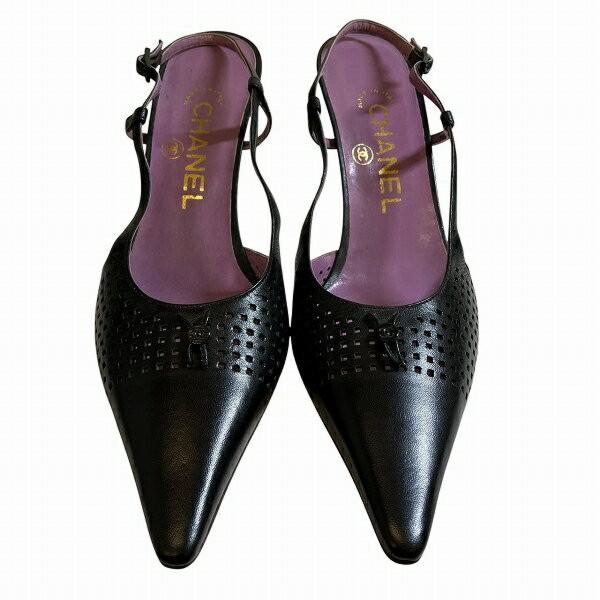 CHANEL Shoes Pumps Heel EU 36.5 US 6.5 Leather Black Authentic