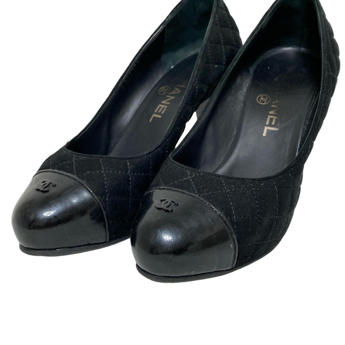 CHANEL Shoes Pumps Heel Cocomark EU 36 US 6 Suede Patent Leather Black Authentic
