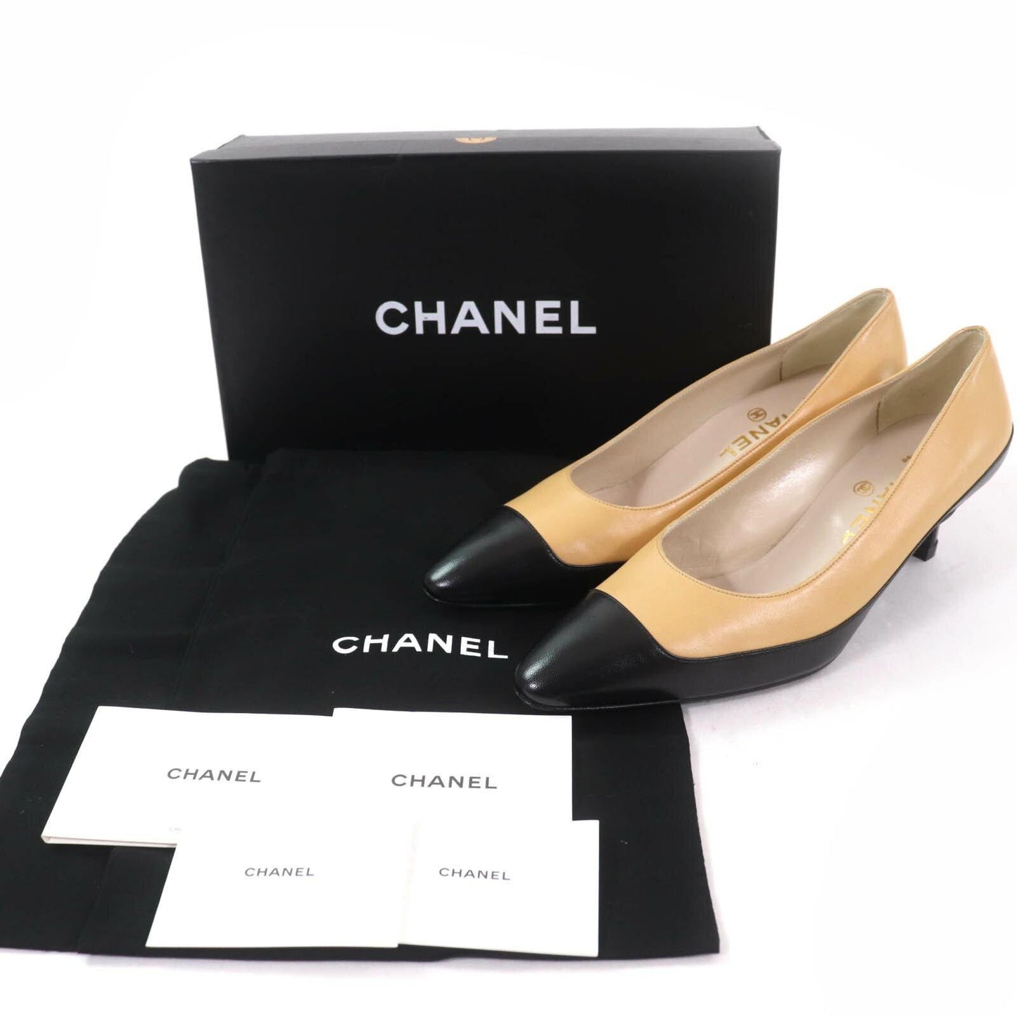 CHANEL Shoes Pumps Heel EU 37.5 US 7.5 Leather Beige Black Authentic