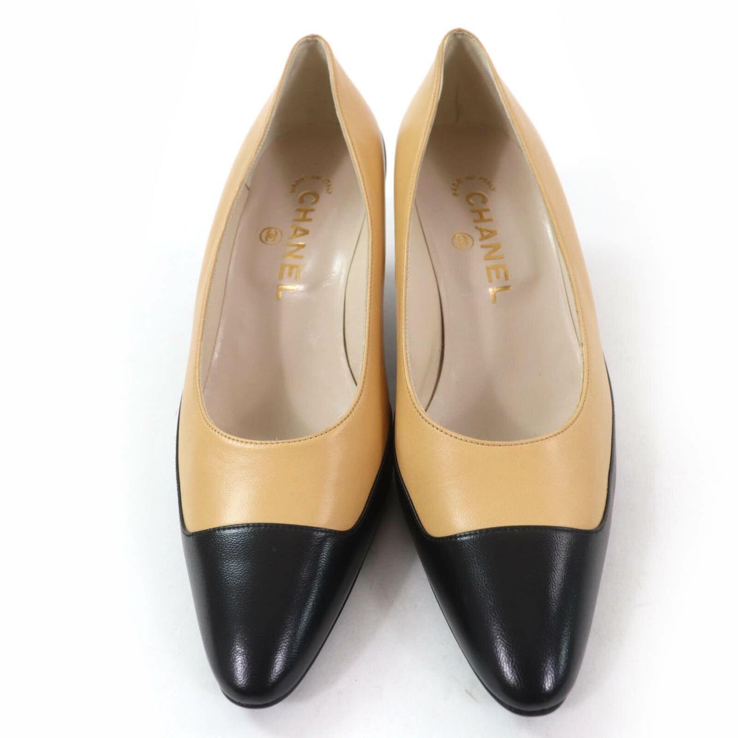 CHANEL Shoes Pumps Heel EU 37.5 US 7.5 Leather Beige Black Authentic