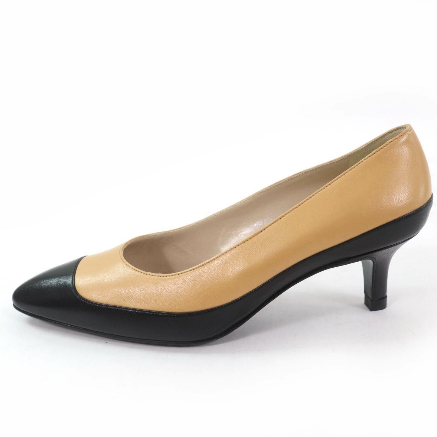 CHANEL Shoes Pumps Heel EU 37.5 US 7.5 Leather Beige Black Authentic