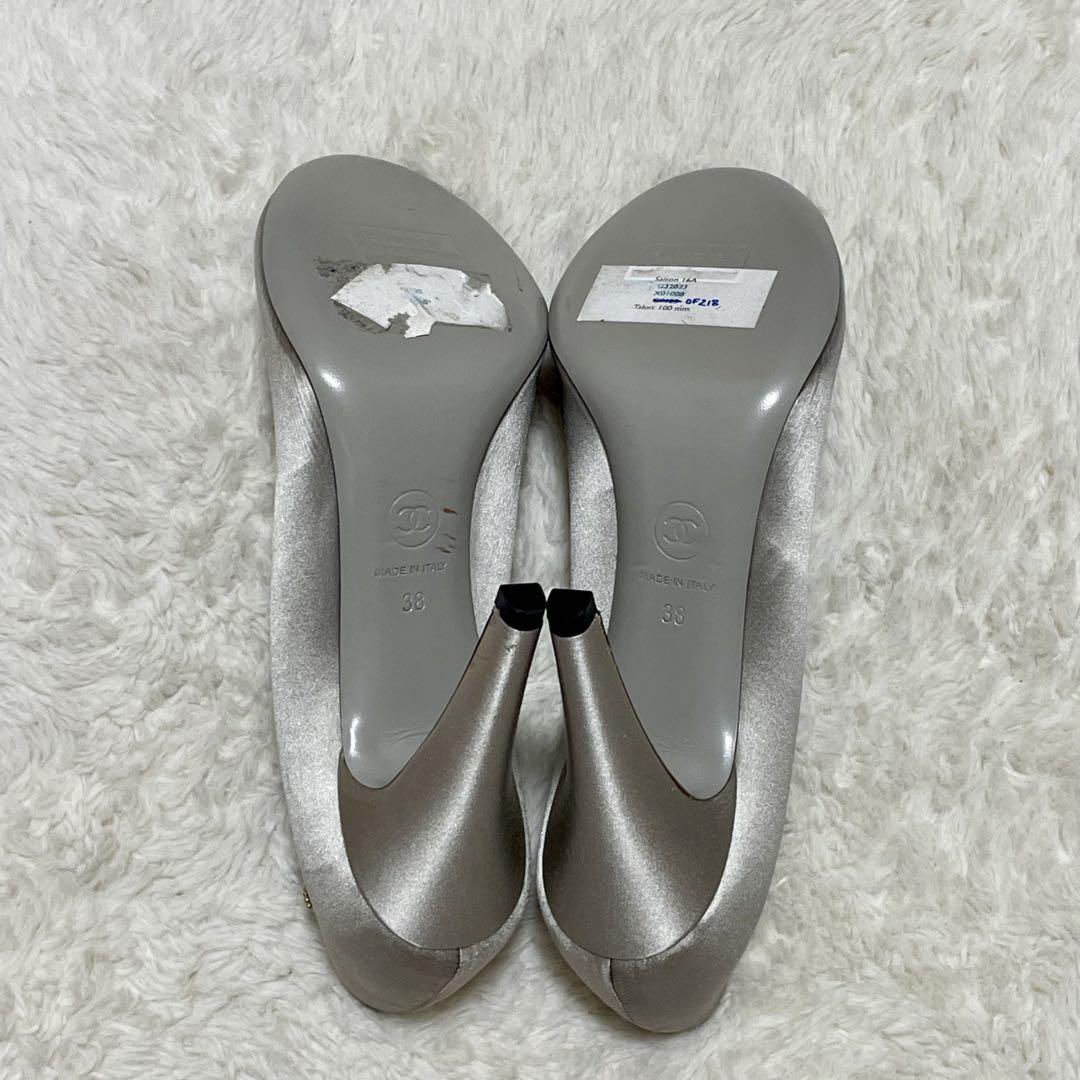 CHANEL Shoes Pumps Heel Cocomark EU 38 US 8 Silver Gray Authentic