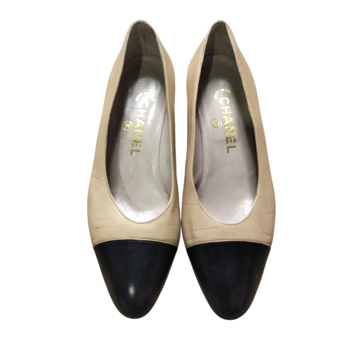 CHANEL Shoes Pumps Heel EU 36 US 6 Leather Beige Authentic