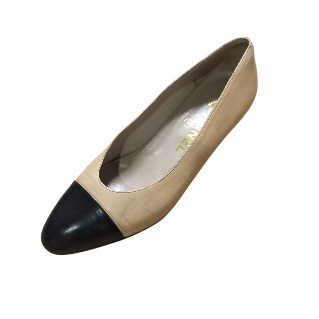 CHANEL Shoes Pumps Heel EU 36 US 6 Leather Beige Authentic