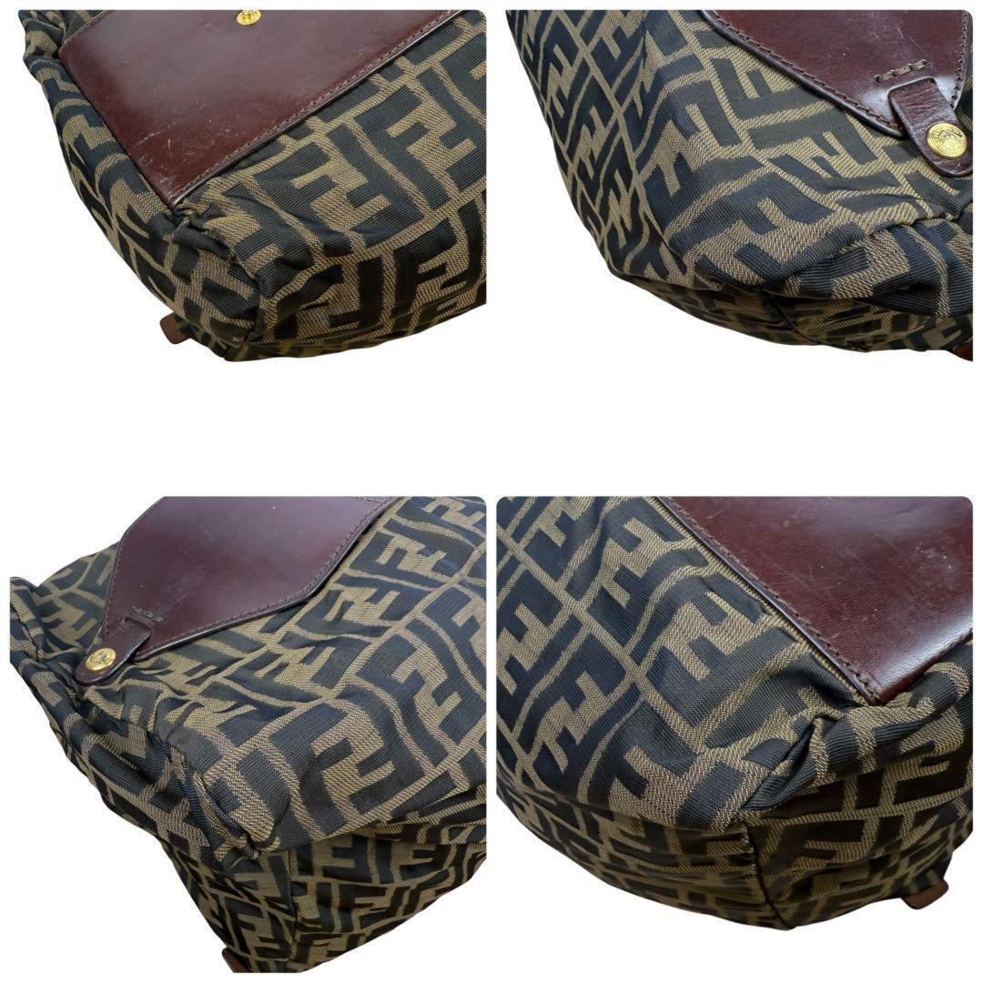 FENDI Boston Bag Hand Tote Purse FF Zucca Canvas Leather Khaki Brown Authentic