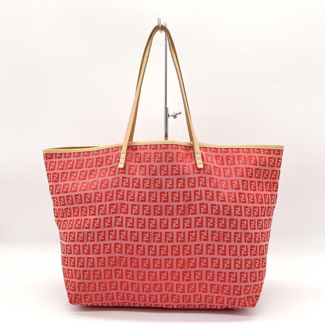 FENDI Hand Bag Tote Purse FF Zucchino Canvas Leather Red Pink Authentic
