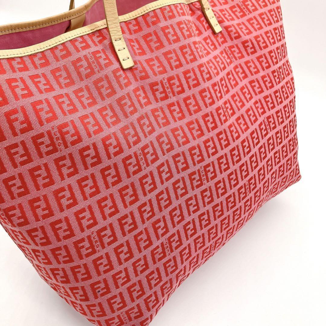 FENDI Hand Bag Tote Purse FF Zucchino Canvas Leather Red Pink Authentic