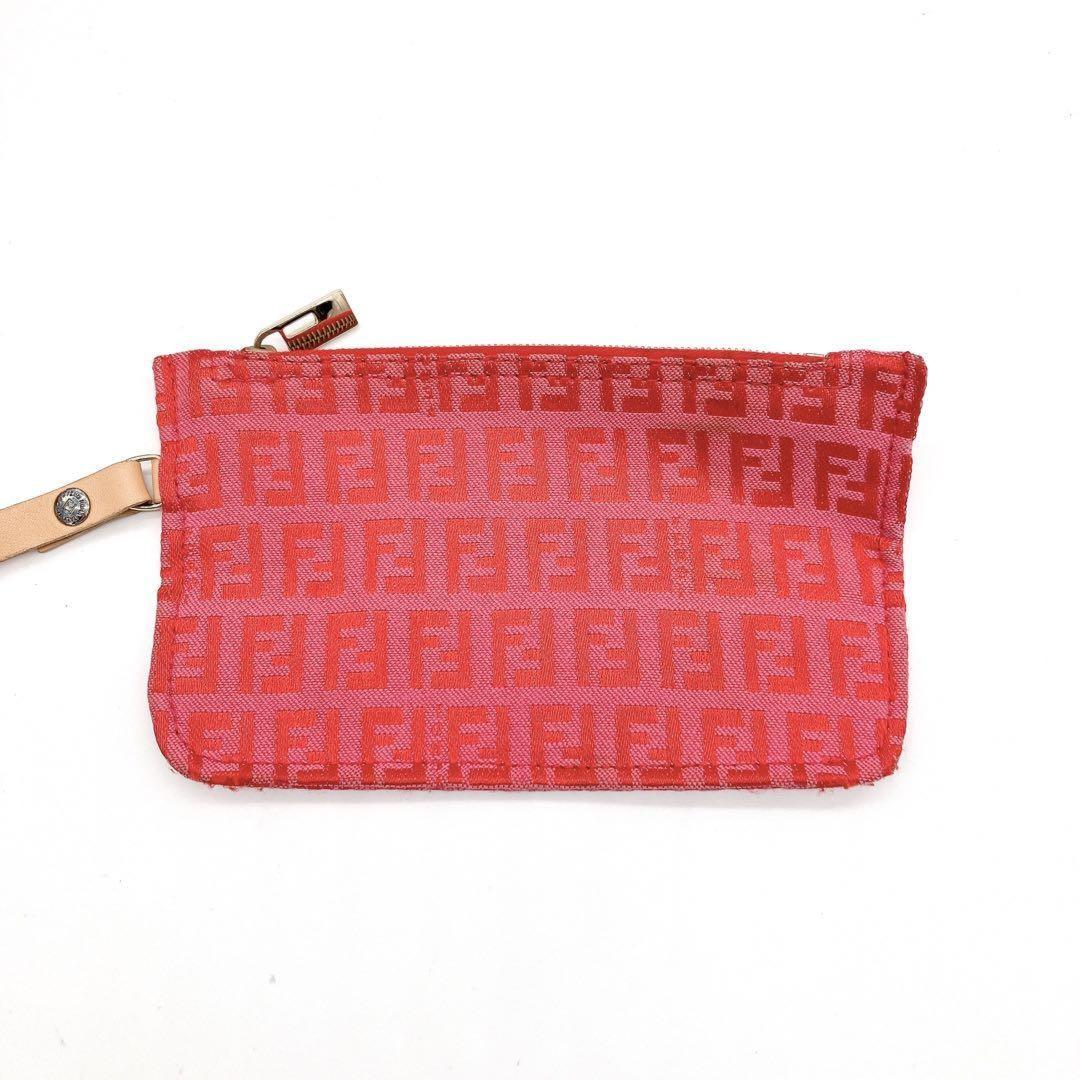 FENDI Hand Bag Tote Purse FF Zucchino Canvas Leather Red Pink Authentic