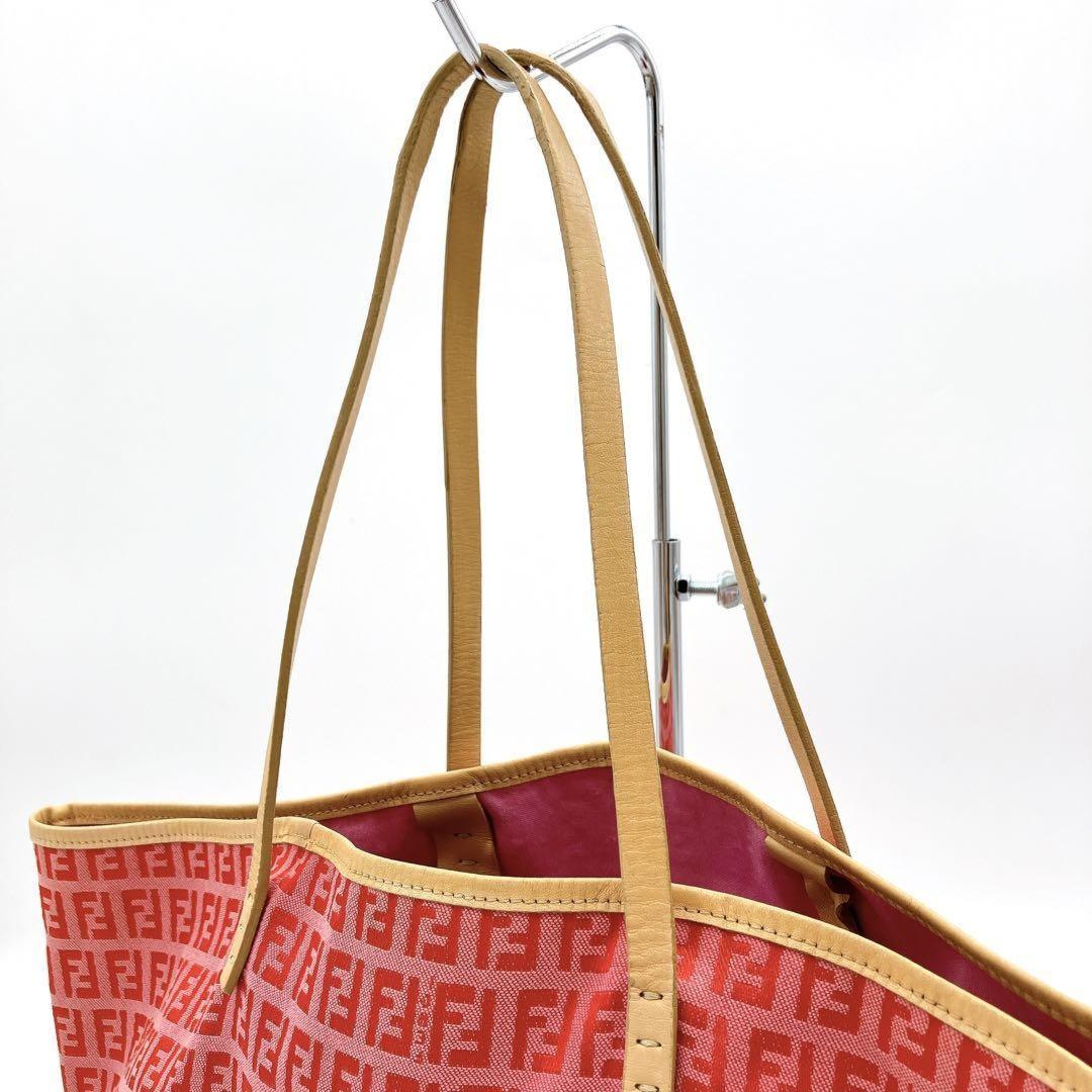 FENDI Hand Bag Tote Purse FF Zucchino Canvas Leather Red Pink Authentic