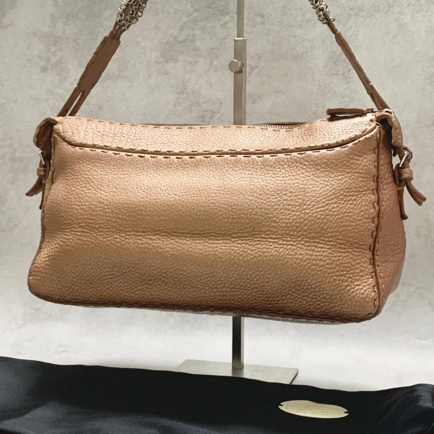 FENDI Bag Selleria Chain Shoulder Purse Leather Brown Silver Used Authentic