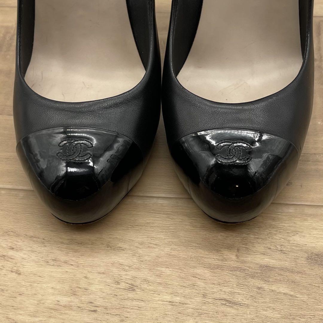 CHANEL Shoes Pumps Heel Cocomark EU 38.5 US 8.5 Leather Black Authentic