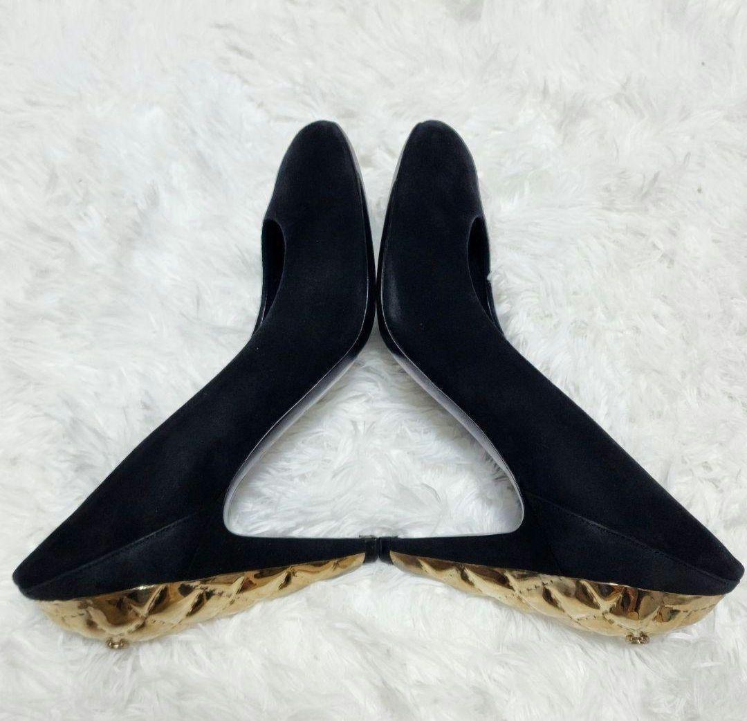 CHANEL Shoes Pumps Heel Cocomark EU 37 US 7 Suede Metal Black Authentic